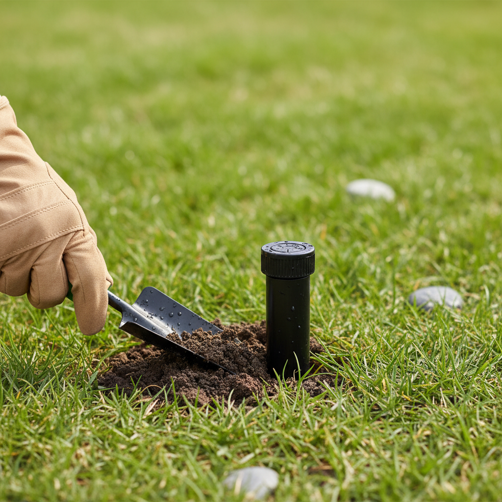 Homeowner clearing dirt around a pop-up sprinkler head.