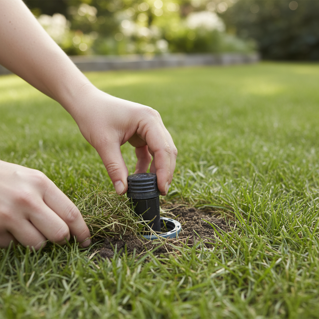 Hands clearing dirt and grass away from a partially stuck pop-up sprinkler head in a lawn.