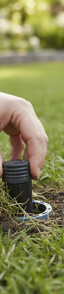 Hands clearing dirt and grass away from a partially stuck pop-up sprinkler head in a lawn.