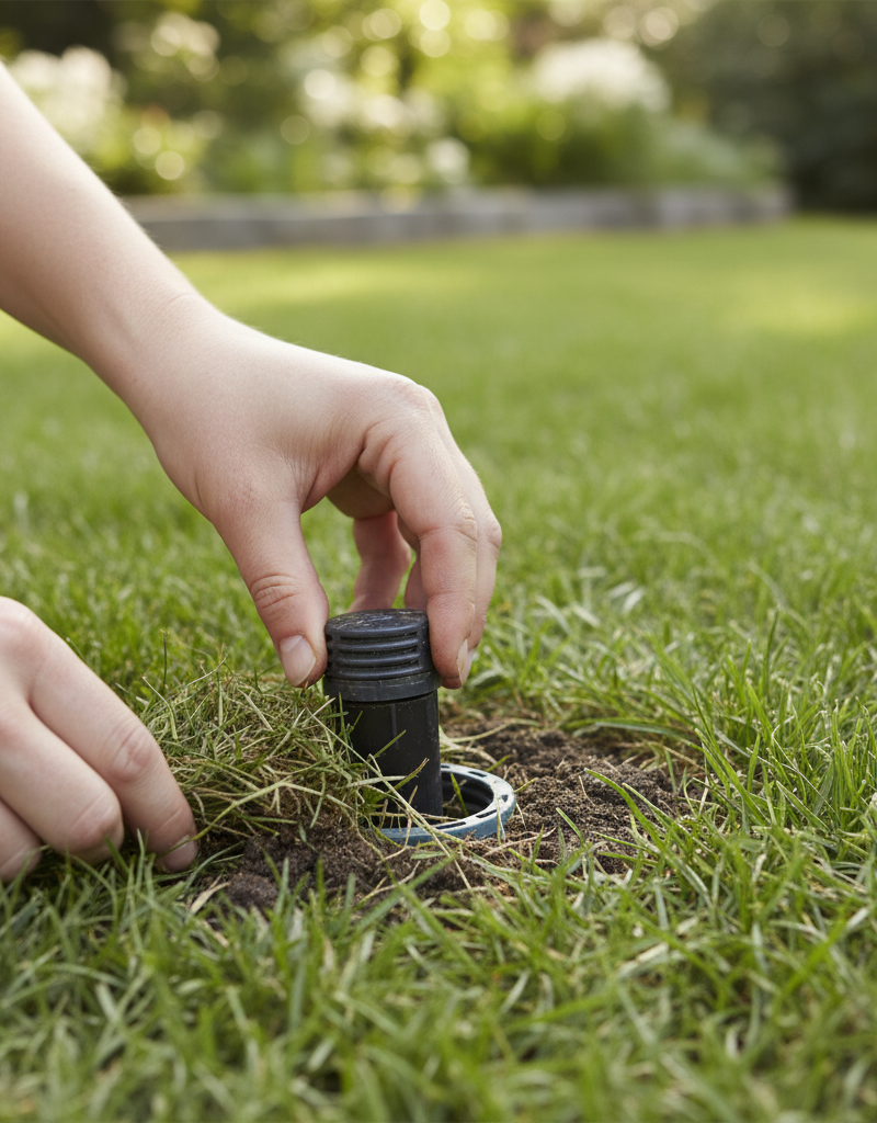 Hands clearing dirt and grass away from a partially stuck pop-up sprinkler head in a lawn.
