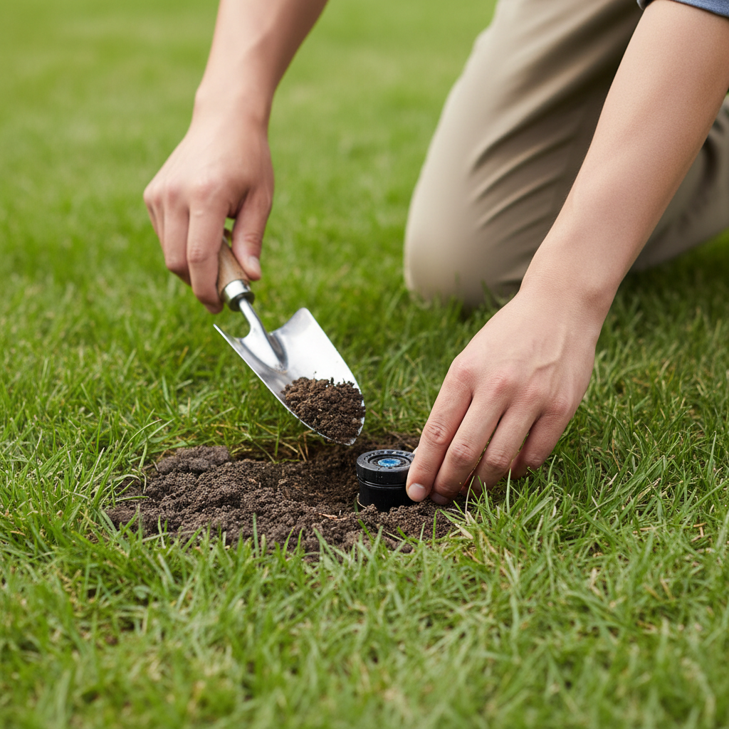 Homeowner clearing dirt around a non-popping sprinkler head with a small trowel.