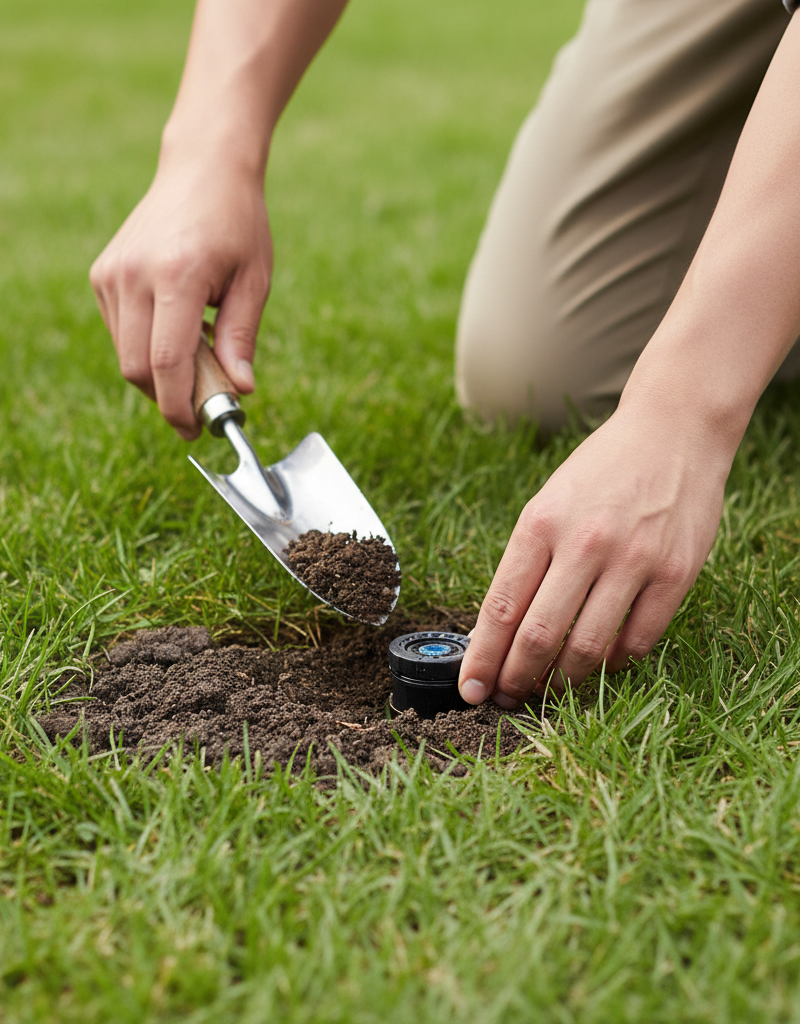 Homeowner clearing dirt around a non-popping sprinkler head with a small trowel.