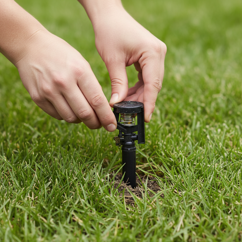 Homeowner inspecting a pop-up sprinkler head that isn't rising, pulling it up gently from the grass.