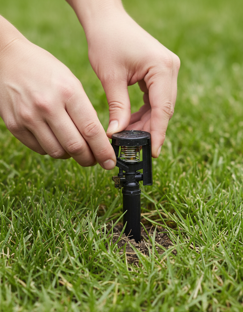 Homeowner inspecting a pop-up sprinkler head that isn't rising, pulling it up gently from the grass.