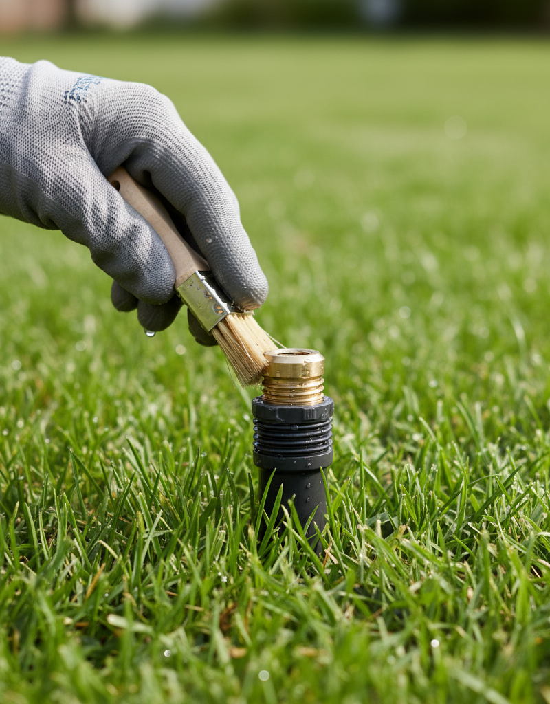 Homeowner troubleshooting a pop-up sprinkler head in a green lawn