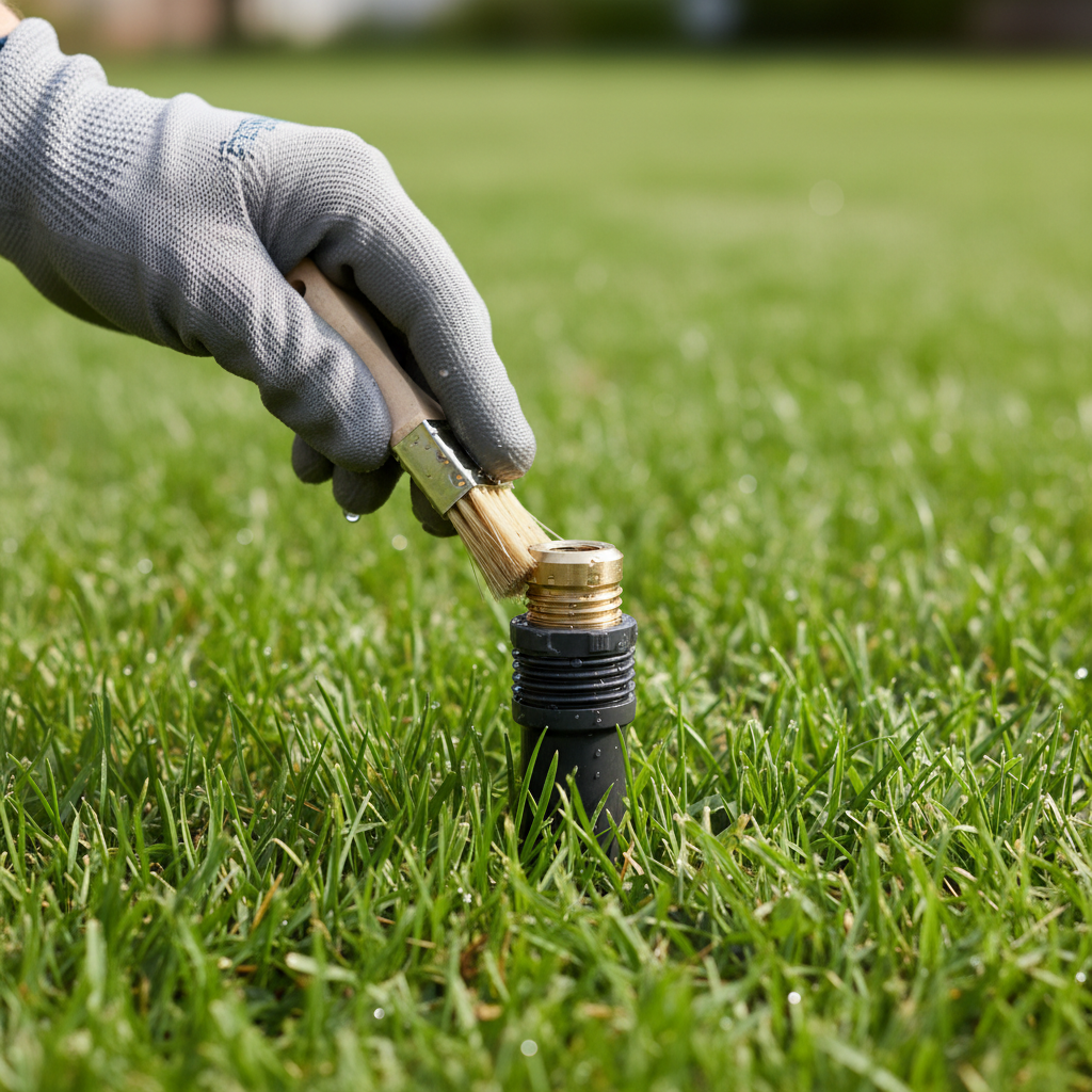 Homeowner troubleshooting a pop-up sprinkler head in a green lawn