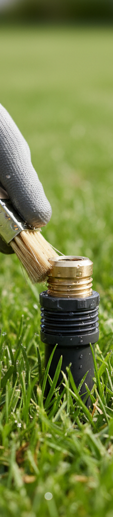 Homeowner troubleshooting a pop-up sprinkler head in a green lawn