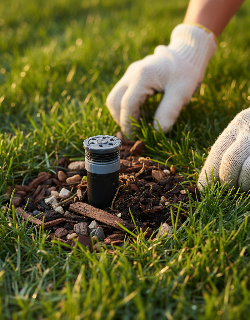 Homeowner clearing debris from around a pop-up sprinkler head in a green lawn.