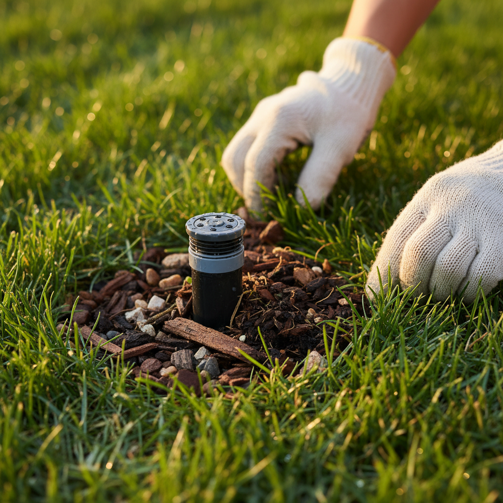 Homeowner clearing debris from around a pop-up sprinkler head in a green lawn.