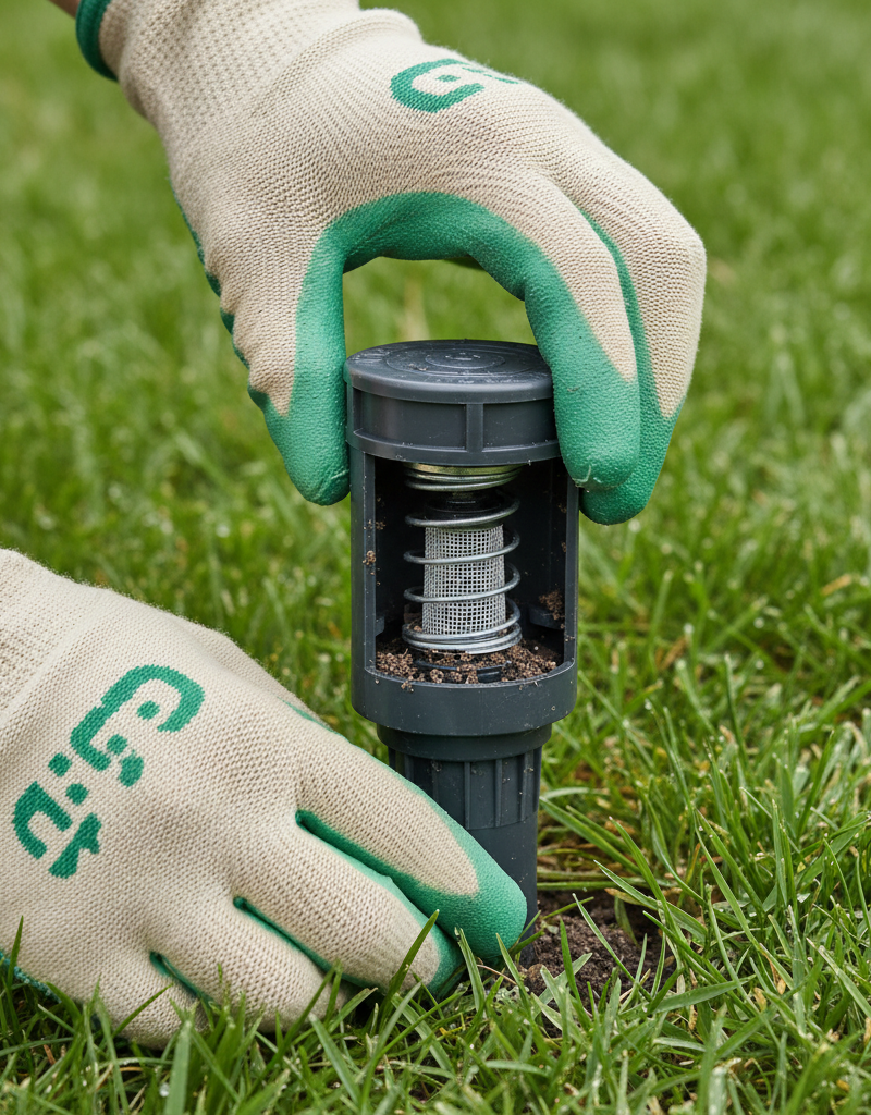 Homeowner troubleshooting a pop-up sprinkler head by unscrewing its top in a green lawn.