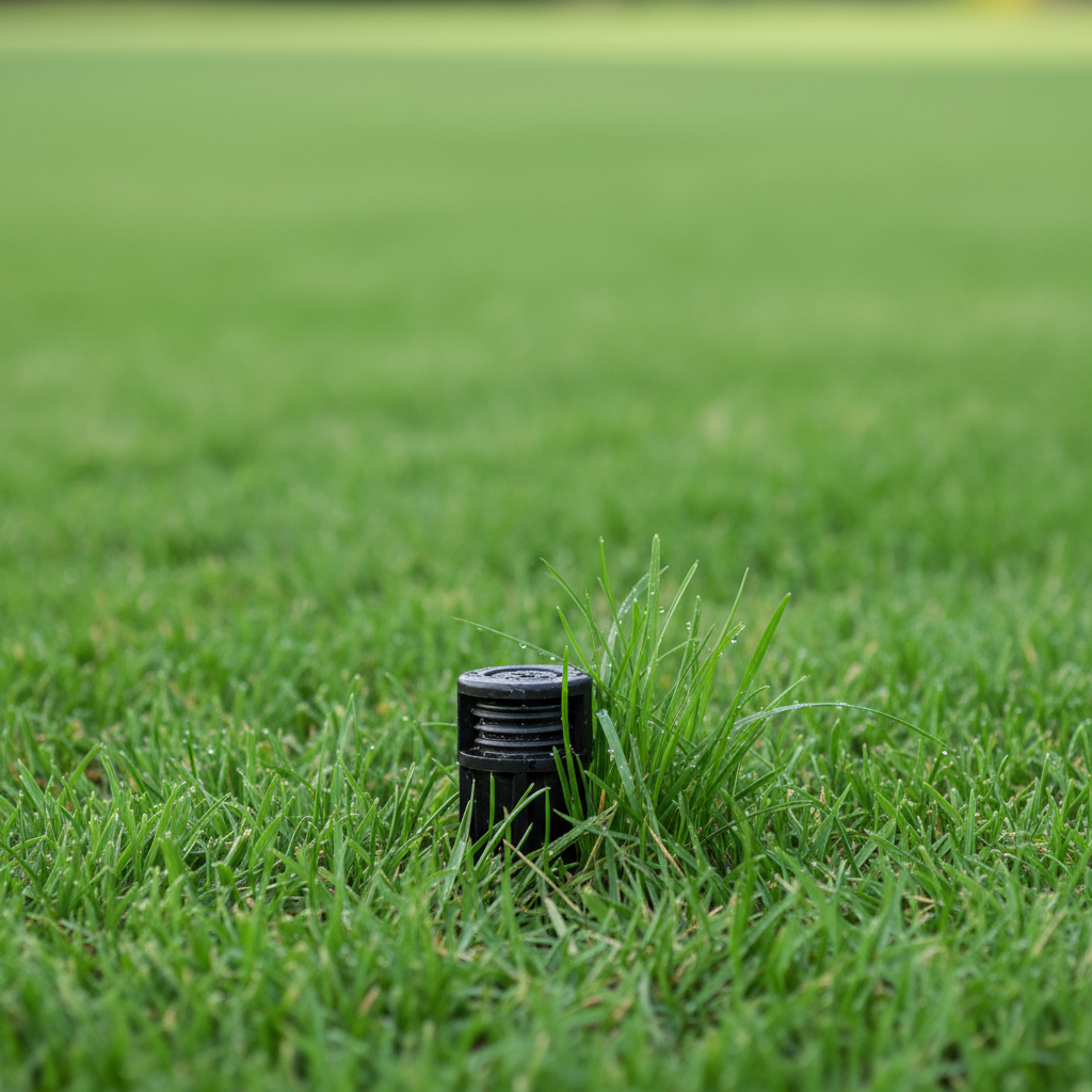 A partially extended pop-up sprinkler head struggling to emerge from a green lawn.