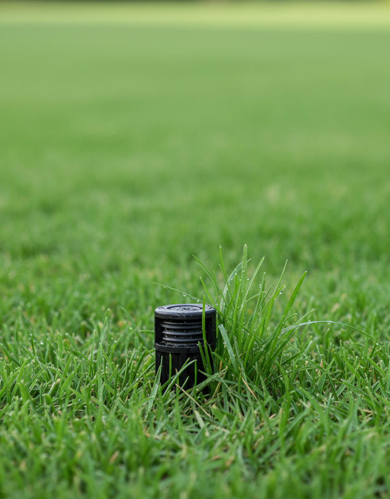 A partially extended pop-up sprinkler head struggling to emerge from a green lawn.