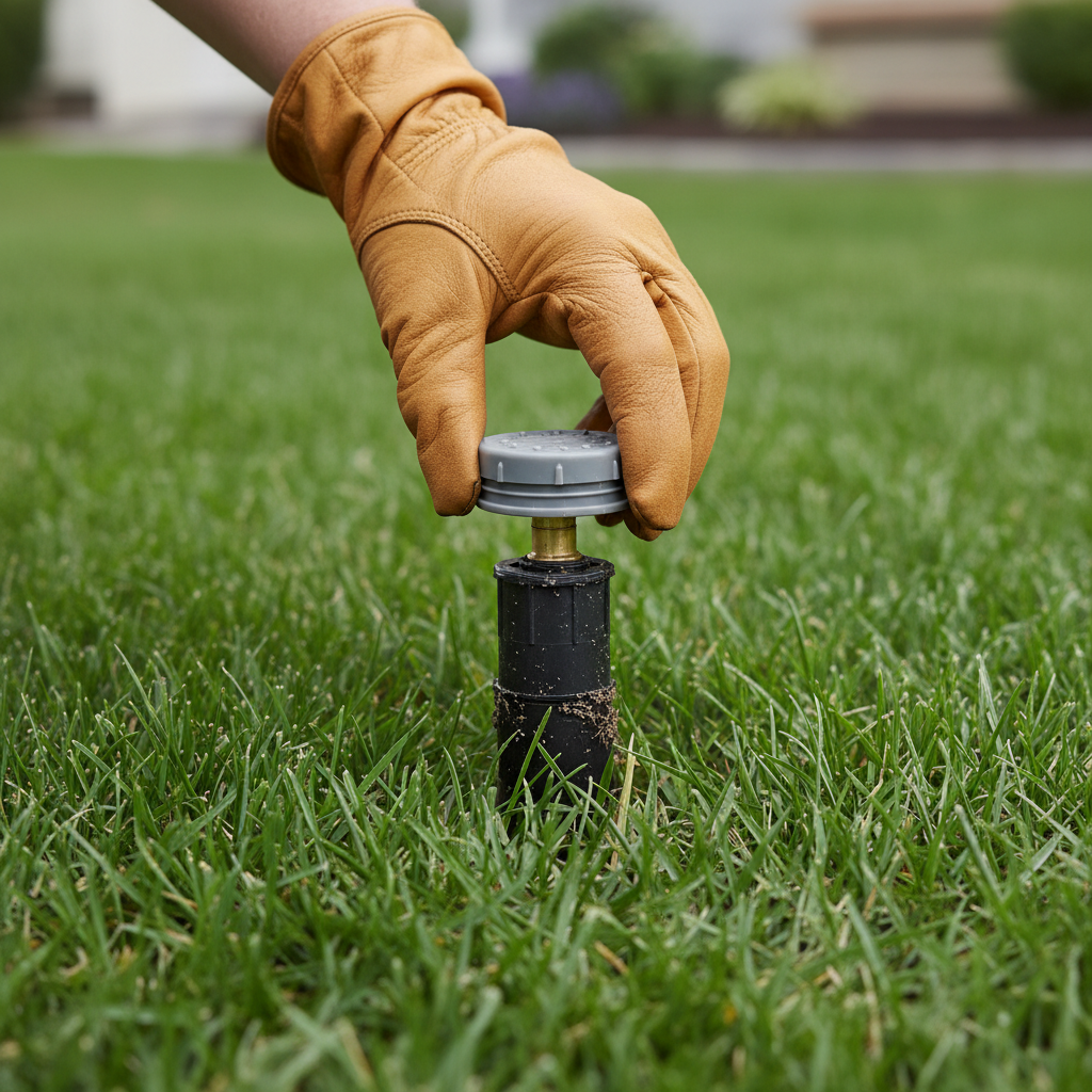 Homeowner inspecting a semi-popped-up sprinkler head in a green lawn, troubleshooting a pop-up issue.