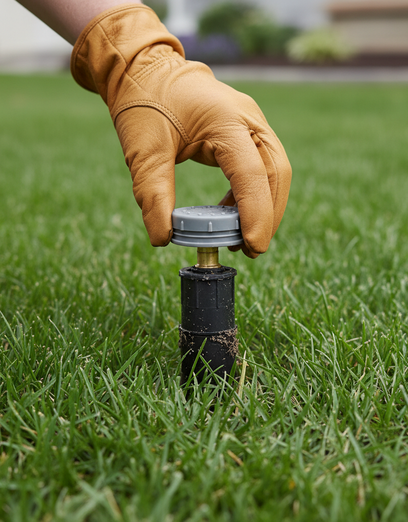Homeowner inspecting a semi-popped-up sprinkler head in a green lawn, troubleshooting a pop-up issue.