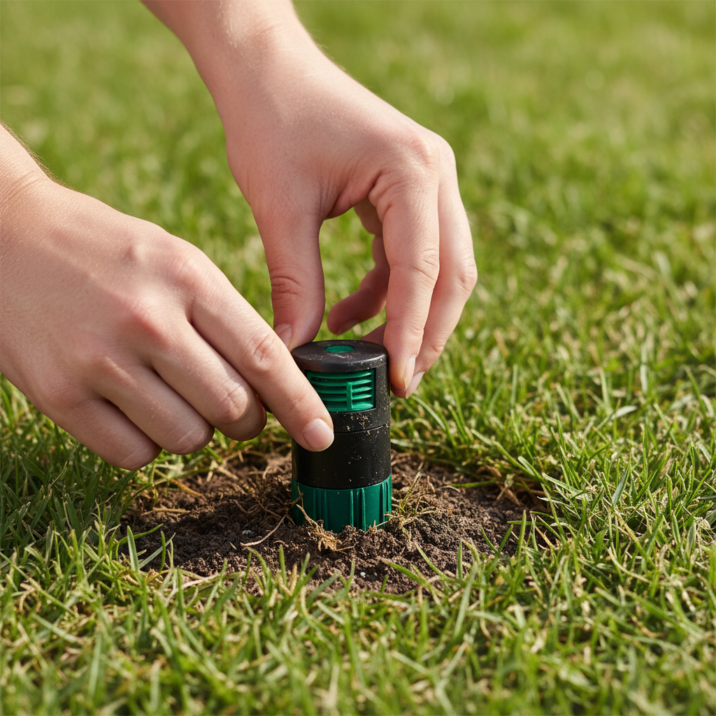 Homeowner inspecting a pop-up sprinkler head that won't fully emerge from the ground