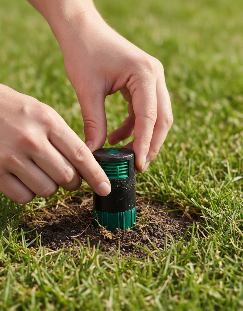 Homeowner inspecting a pop-up sprinkler head that won't fully emerge from the ground