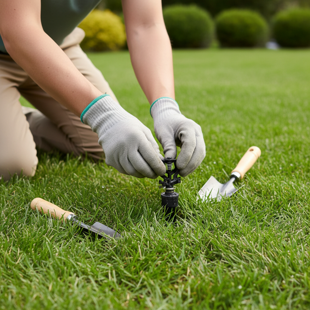 Homeowner troubleshooting a residential pop-up sprinkler head stuck in the down position on a green lawn.