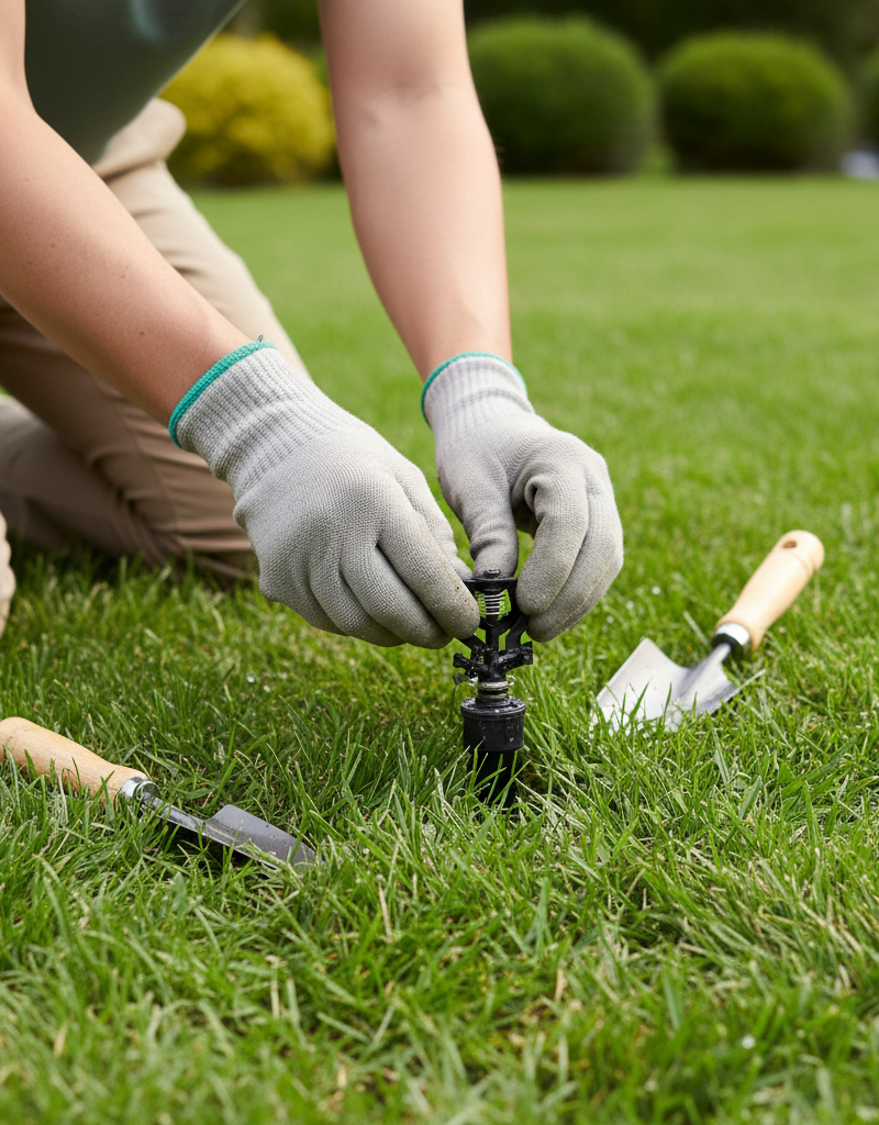 Homeowner troubleshooting a residential pop-up sprinkler head stuck in the down position on a green lawn.