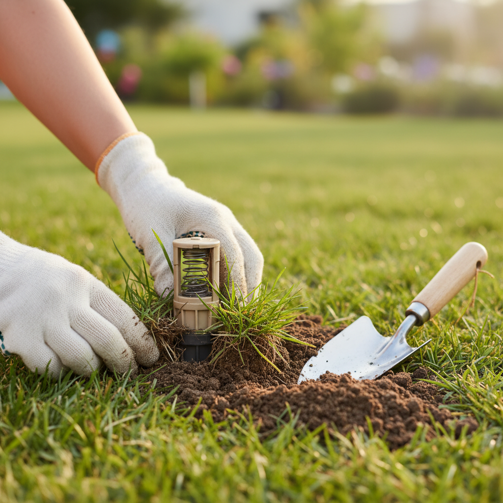 Homeowner's hands clearing dirt and debris around a stubborn sprinkler head that won't pop up.