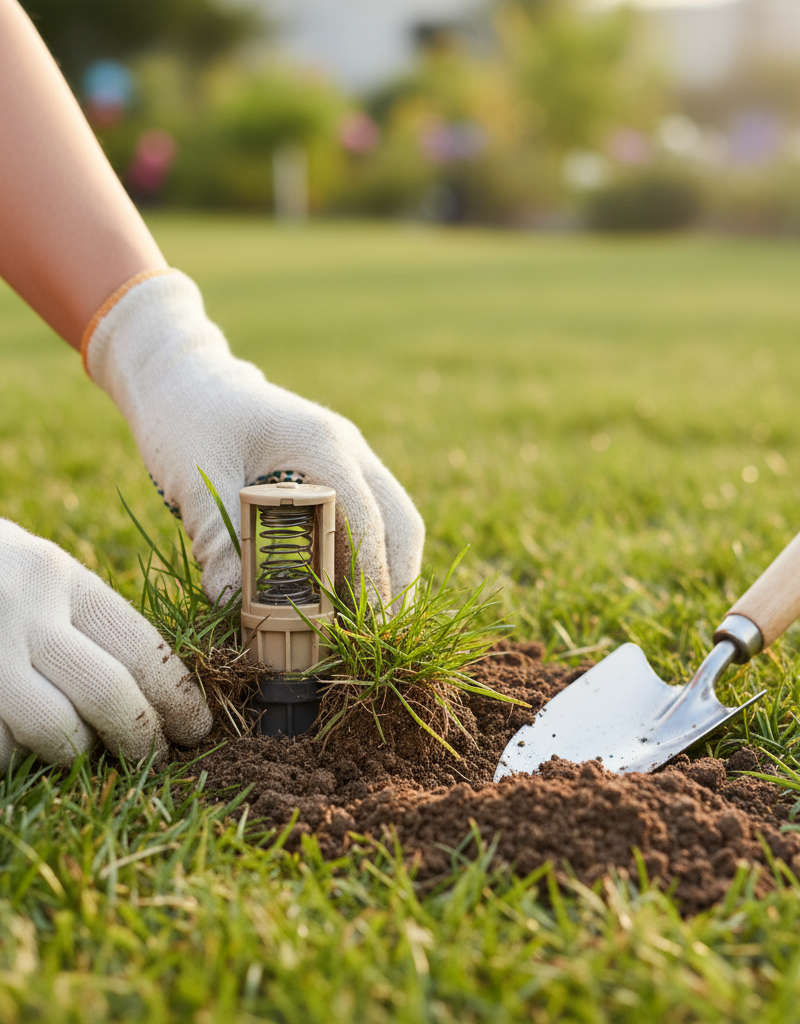 Homeowner's hands clearing dirt and debris around a stubborn sprinkler head that won't pop up.