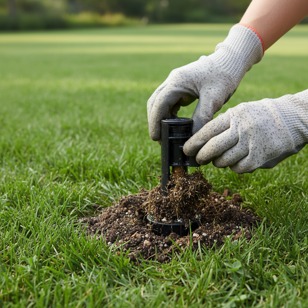 Hands pulling up a dirty sprinkler head riser from the grass, revealing debris, with a clean section visible after wiping.