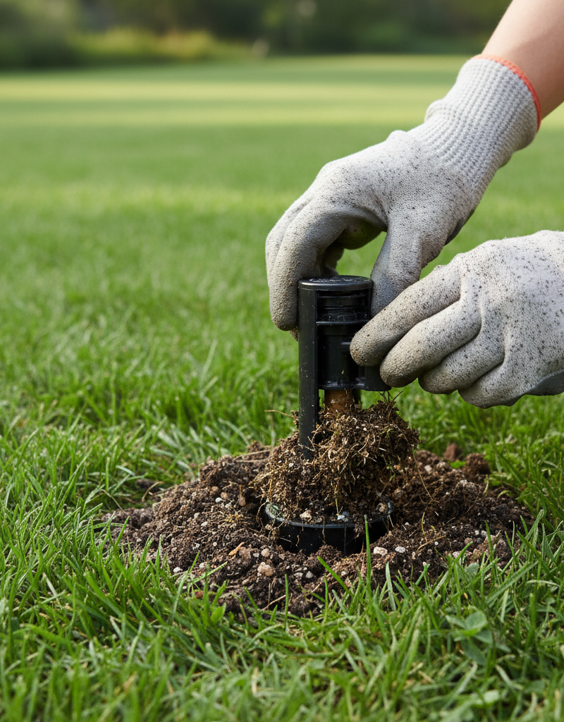 Hands pulling up a dirty sprinkler head riser from the grass, revealing debris, with a clean section visible after wiping.