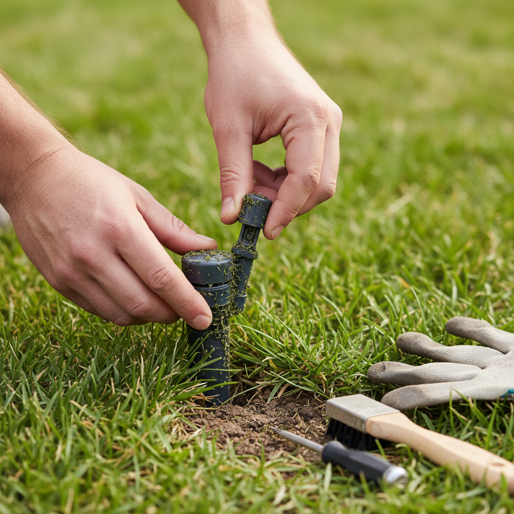 Homeowner inspecting a stubborn sprinkler head that isn't popping up, with tools nearby.
