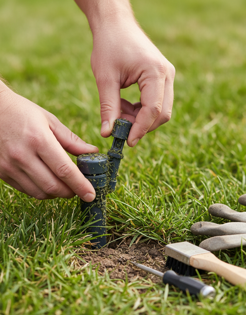 Homeowner inspecting a stubborn sprinkler head that isn't popping up, with tools nearby.