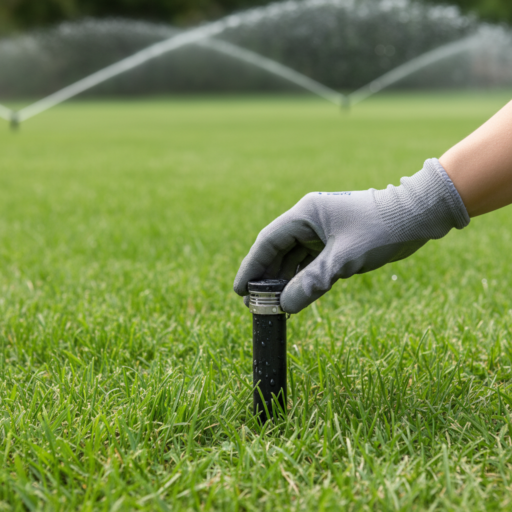 Homeowner inspecting a stubborn pop-up sprinkler head in a green lawn.