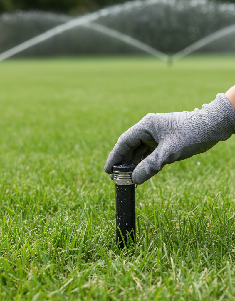 Homeowner inspecting a stubborn pop-up sprinkler head in a green lawn.