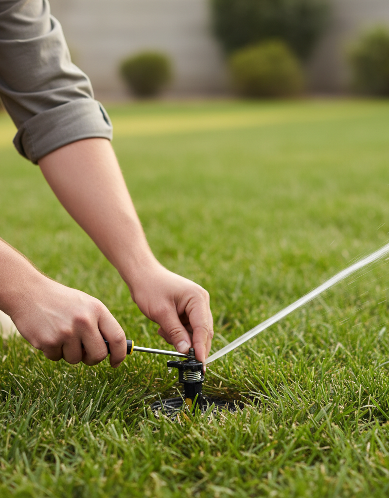 Homeowner adjusting a rotary sprinkler head with a flathead screwdriver.
