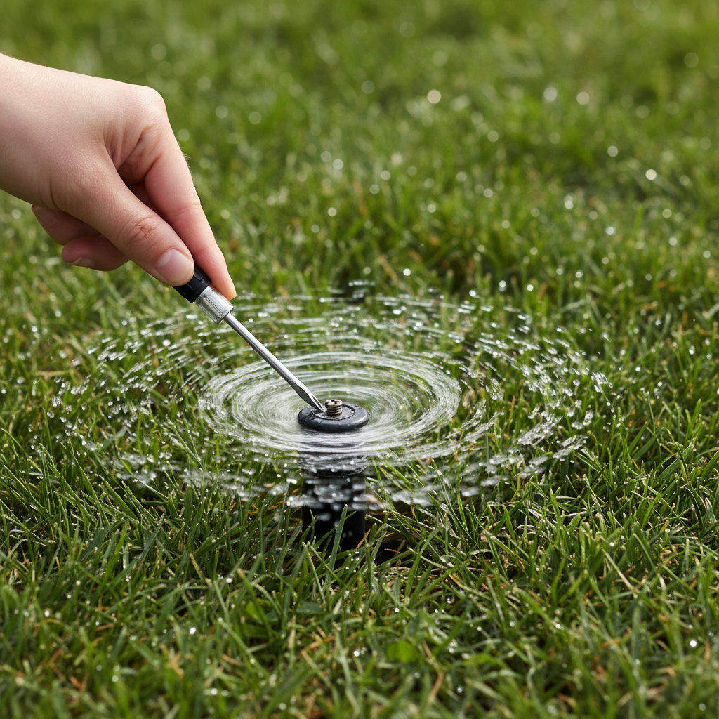 Homeowner uses a flathead screwdriver to carefully adjust a pop-up sprinkler head's spray pattern in a green lawn.
