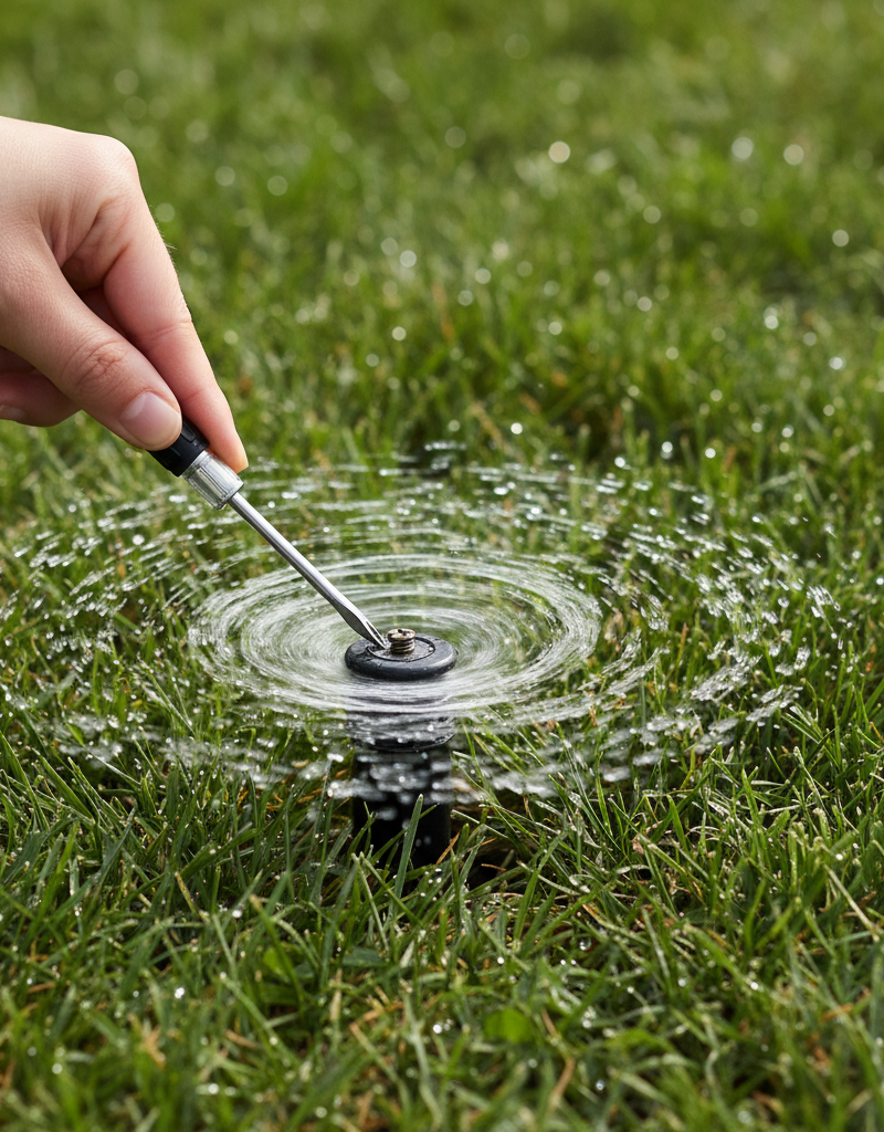 Homeowner uses a flathead screwdriver to carefully adjust a pop-up sprinkler head's spray pattern in a green lawn.