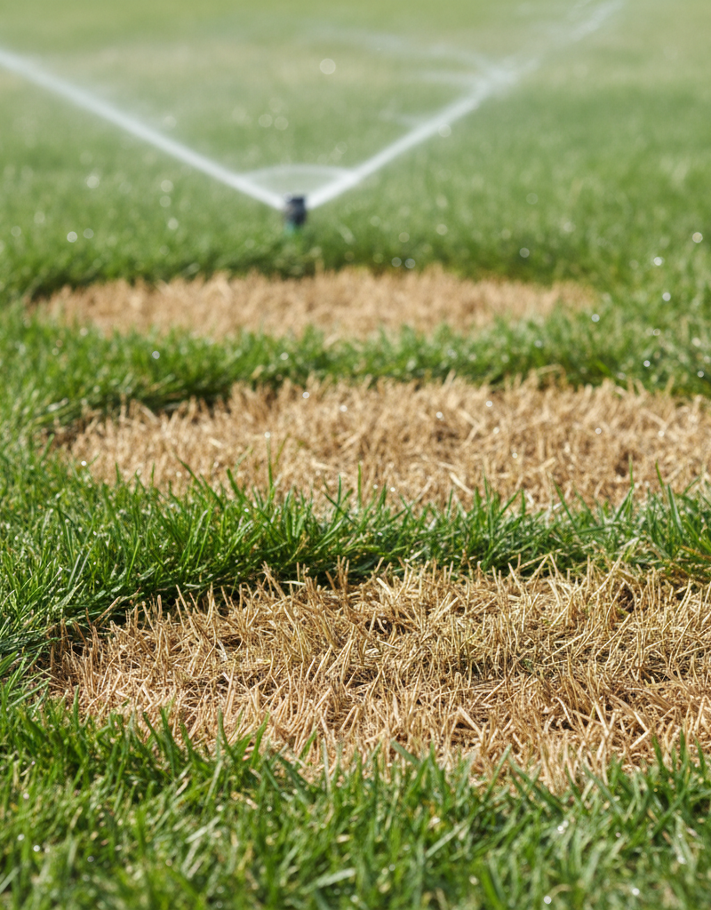 Lawn with brown spots despite a sprinkler running in the background, showing uneven watering.