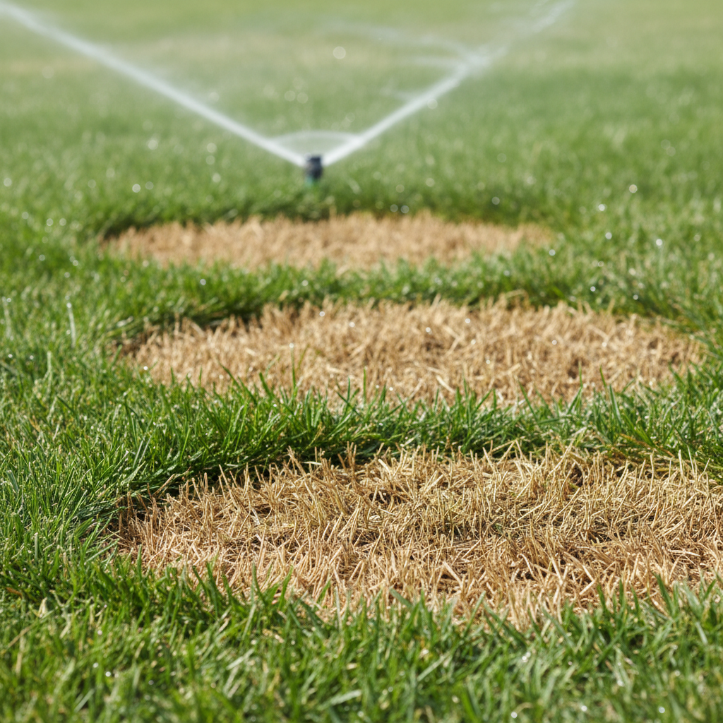 Lawn with brown spots despite a sprinkler running in the background, showing uneven watering.