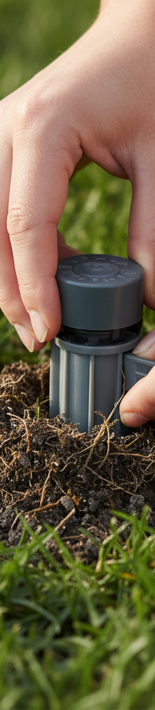 Homeowner inspecting a pop-up sprinkler head in a green lawn
