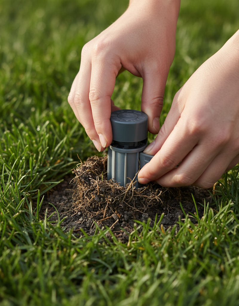 Homeowner inspecting a pop-up sprinkler head in a green lawn