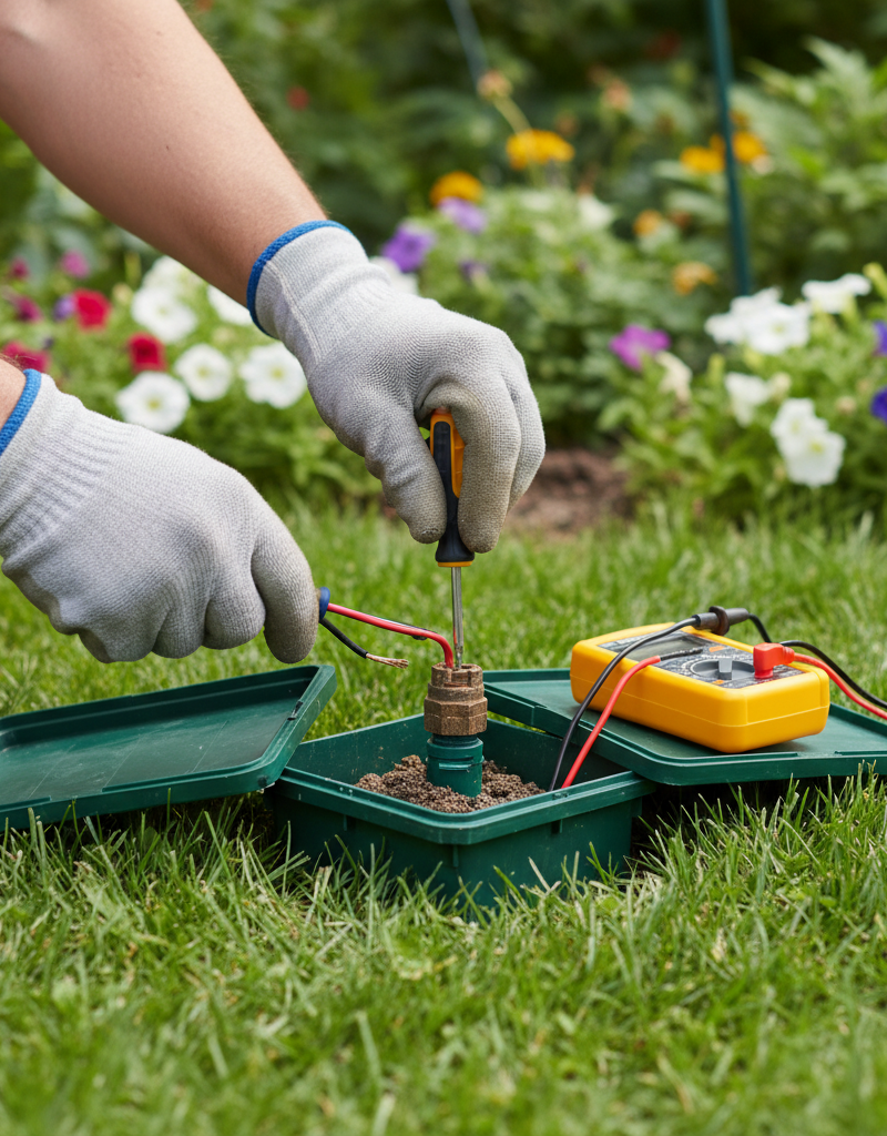 Homeowner troubleshooting a sprinkler system by unscrewing a solenoid valve in an underground box.