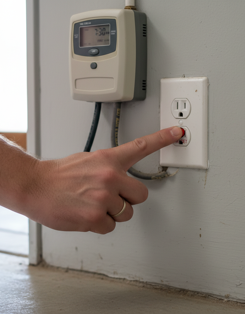 Homeowner resetting a GFI outlet for a non-working sprinkler system controller
