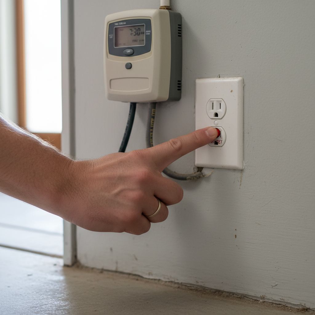 Homeowner resetting a GFI outlet for a non-working sprinkler system controller