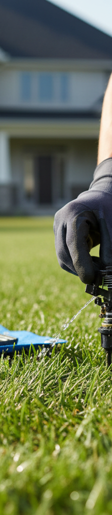 Homeowner troubleshooting a sprinkler system on a green lawn.