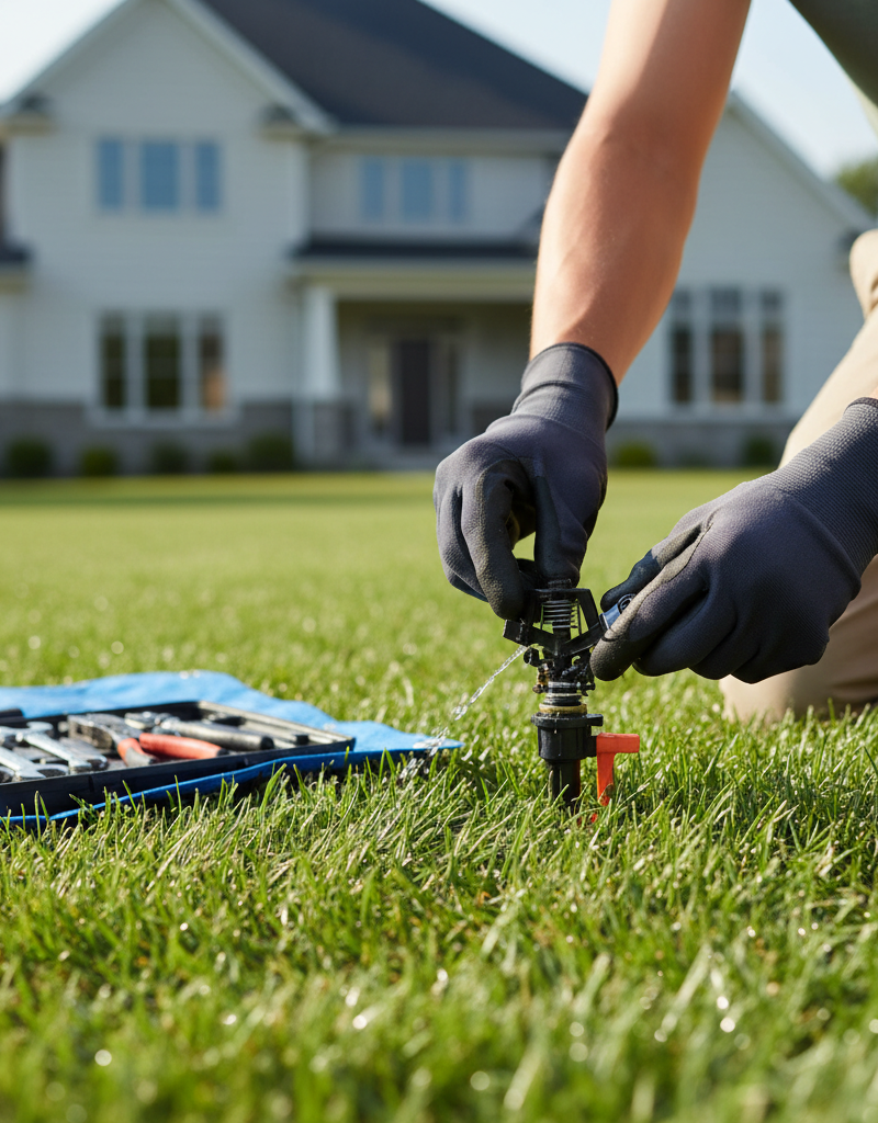 Homeowner troubleshooting a sprinkler system on a green lawn.