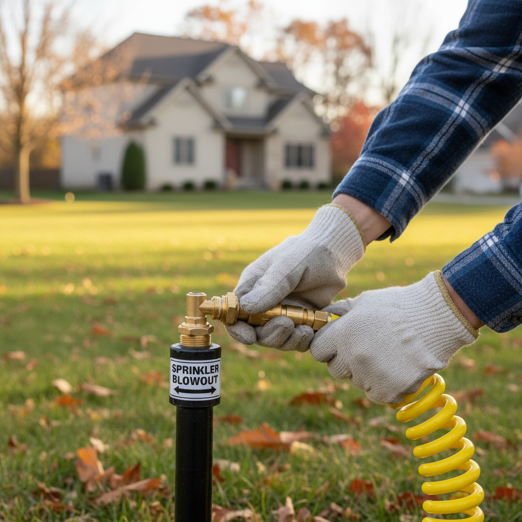 Homeowner connecting an air compressor to a sprinkler system for winterization