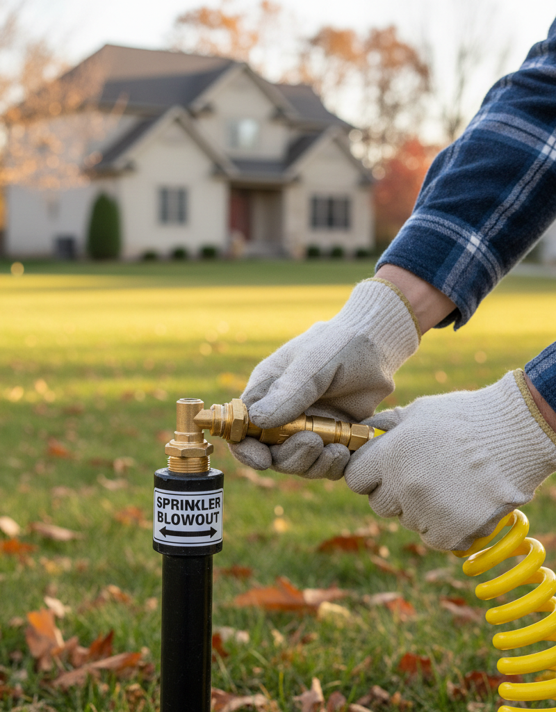 Homeowner connecting an air compressor to a sprinkler system for winterization