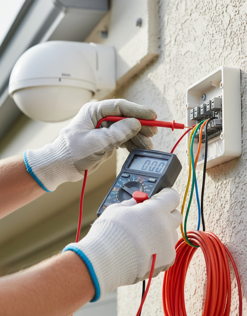 Homeowner uses a multimeter to test sprinkler common wire connection, diagnosing why the system won't start