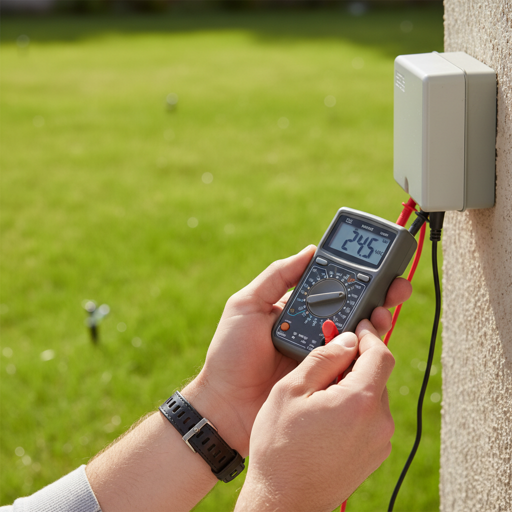 Homeowner testing sprinkler controller transformer with a multimeter to diagnose power issue.