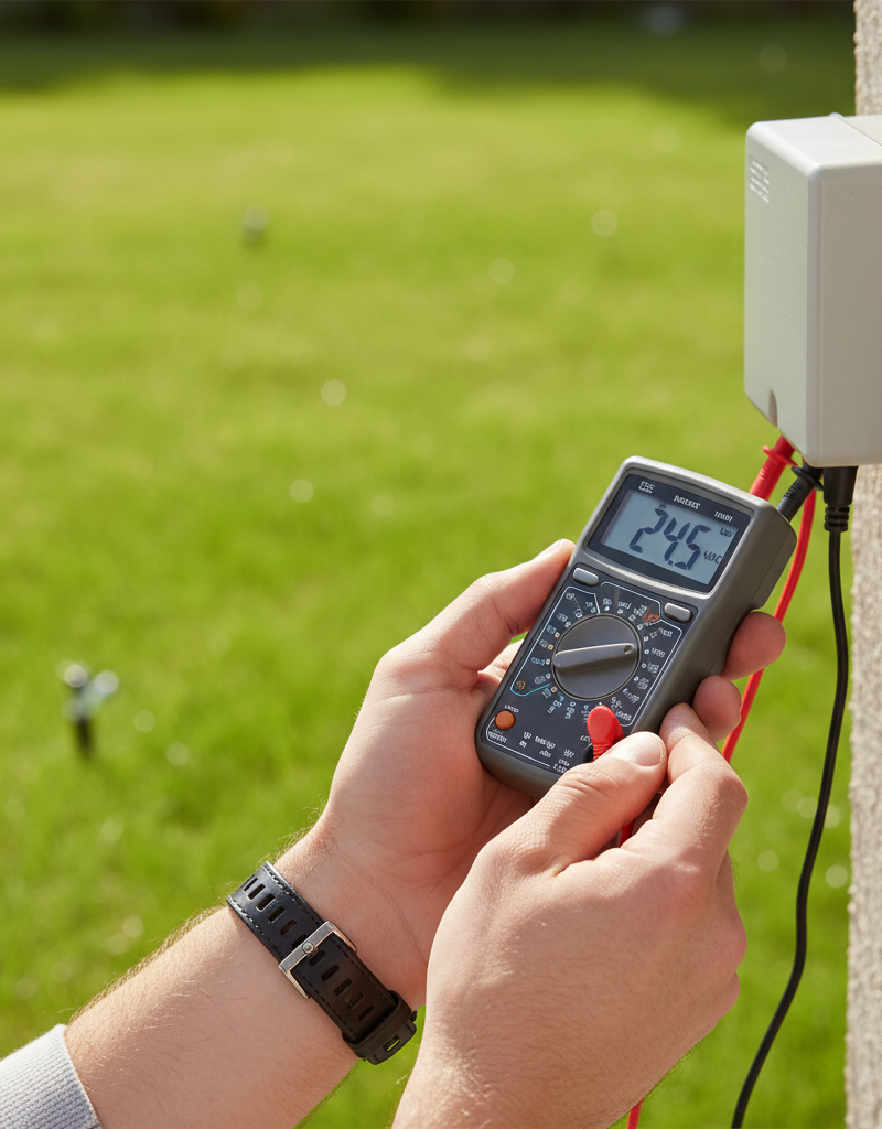 Homeowner testing sprinkler controller transformer with a multimeter to diagnose power issue.