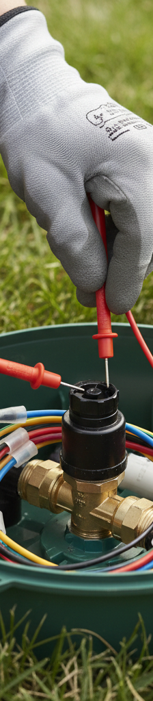 Homeowner testing a sprinkler system solenoid with a multimeter in a valve box
