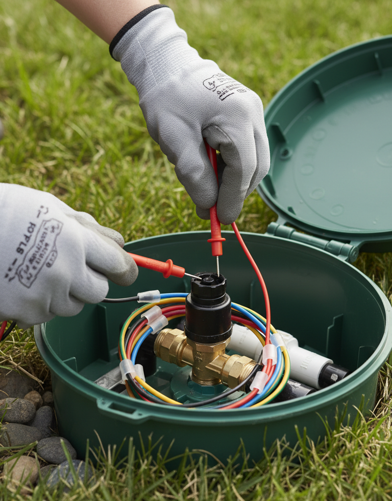 Homeowner testing a sprinkler system solenoid with a multimeter in a valve box