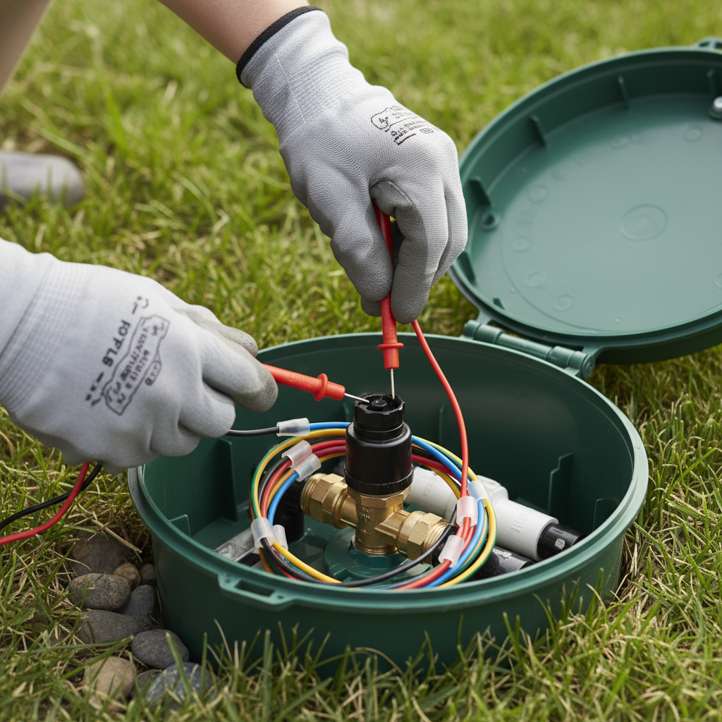Homeowner testing a sprinkler system solenoid with a multimeter in a valve box